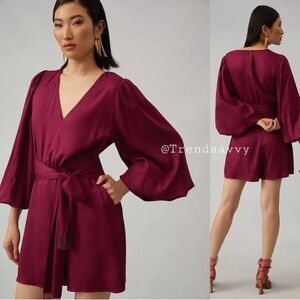 Anthropologie Farm Rio Bell Sleeve Romper V-neck Belt Beads Tassels Plum NWT